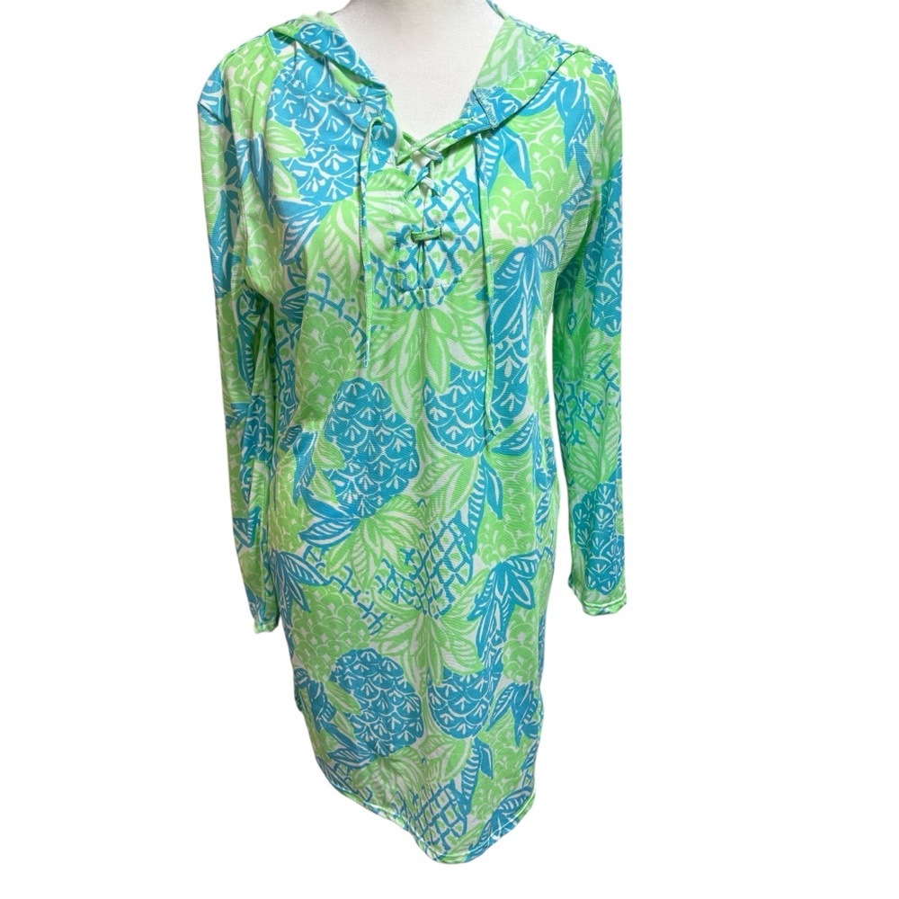 HIHO Green Turquoise Pineapple Print Hooded Tunic Swim Cover Up Small #57‎